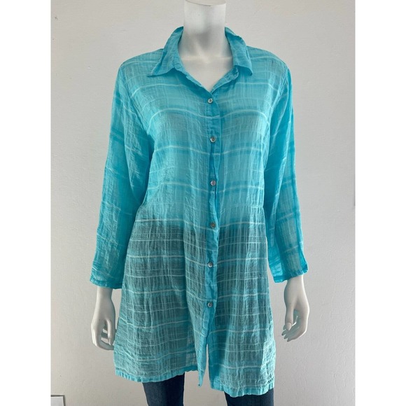 Cut Loose L Button Down Hanky Shirt Gauze Turquoise Long Sleeve Blouse Tunic - Picture 4 of 7